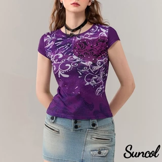 Suncol-womens เสื้อยืดแขนสั้นลําลองพิมพ์วินเทจรอบคอสัมผัสสะดือ Slim Fit Tops