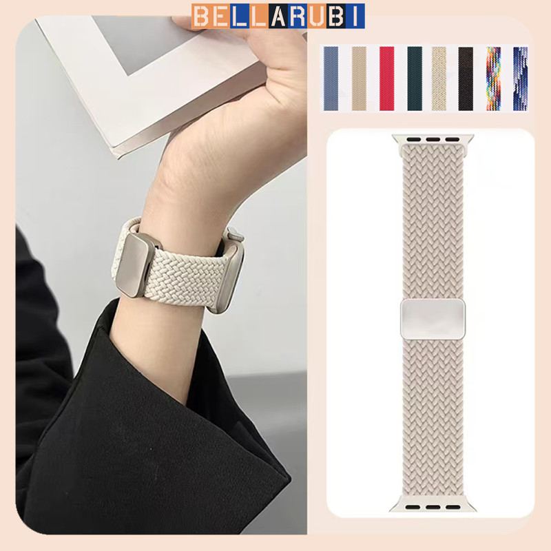 สายรัดไนลอนถักเปียแบบยืดหยุ่นพร้อมหัวเข็มขัดแม่เหล็ก for Apple Watch IWatch Series 11 10 9 8 7 6 5 4 49 มม 46 มม 45 มม