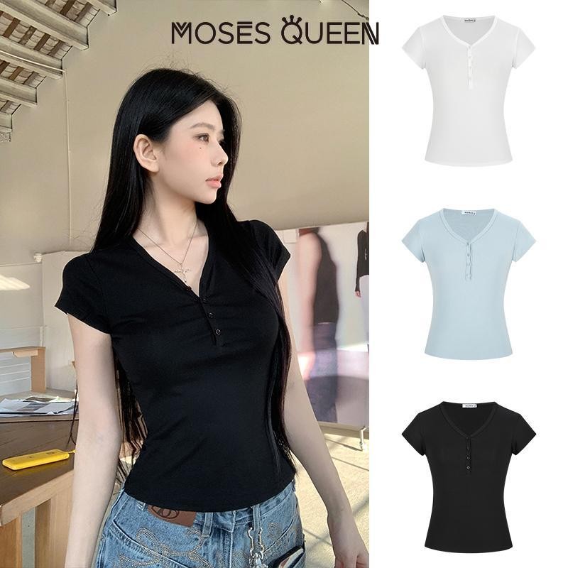 MOSESQUEEN  ตะไคร่น้ํา ราชินี ปุ่มแขนสั้นสาวสวยวันวาเลนไทน์สีแดงเรียบง่ายและใจกว