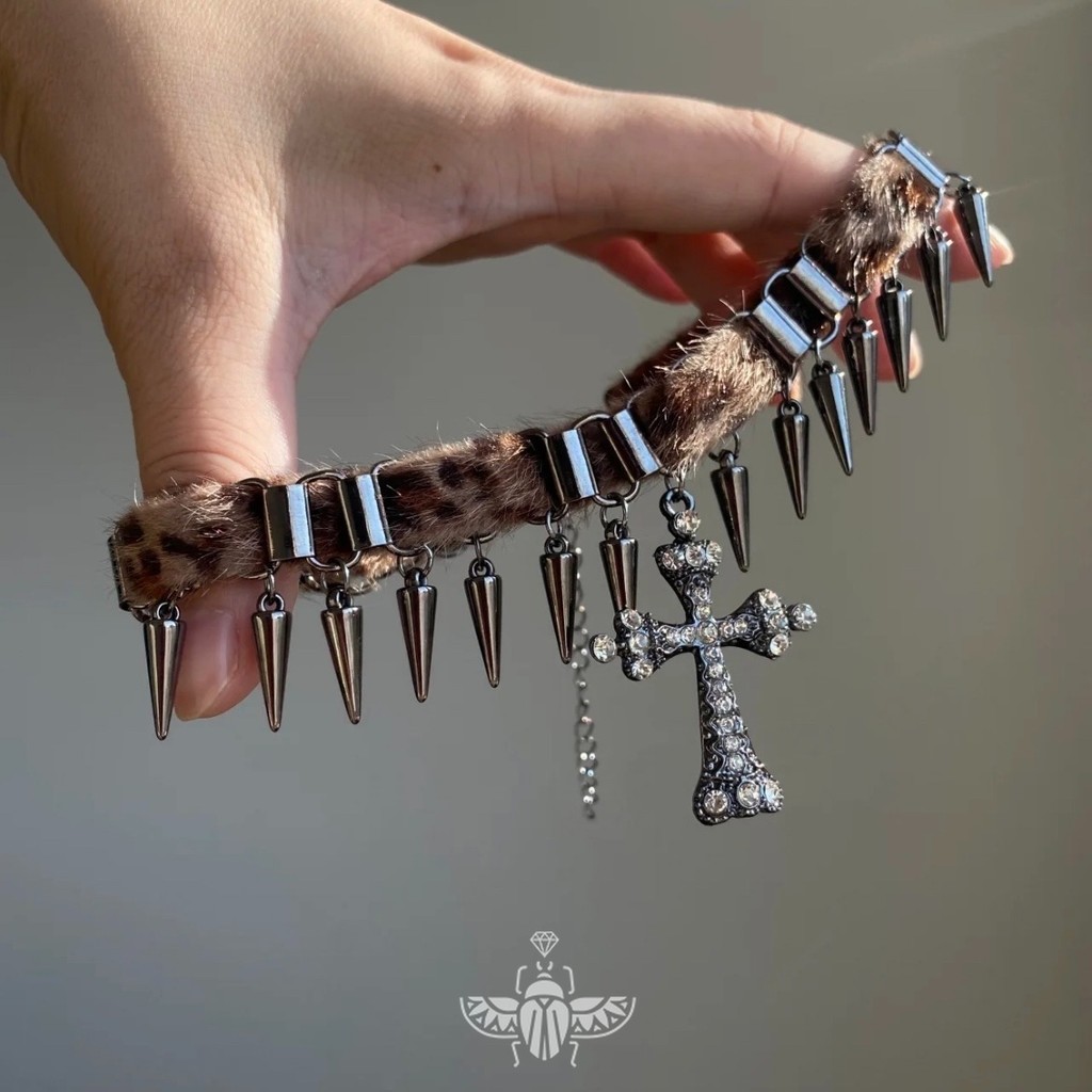 Cross Choker Necklace ลายเสือดาว Punk niche design chain