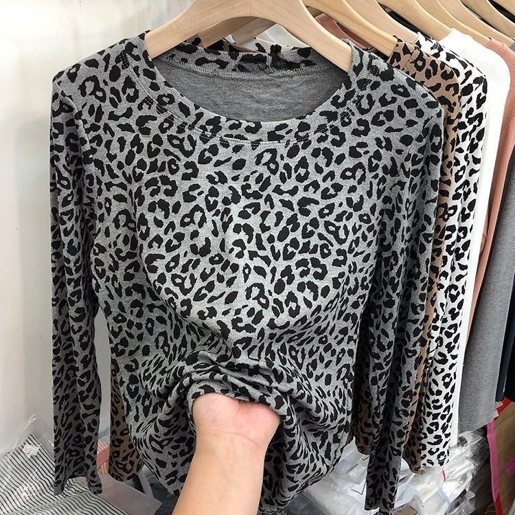 เสื้อเบลาส์ผู้หญิงฤดูใบไม้ร่วงฤดูหนาวที่เรียบง่ายที่เหมาะสมบางเสือดาวเสื้อแขนยาว