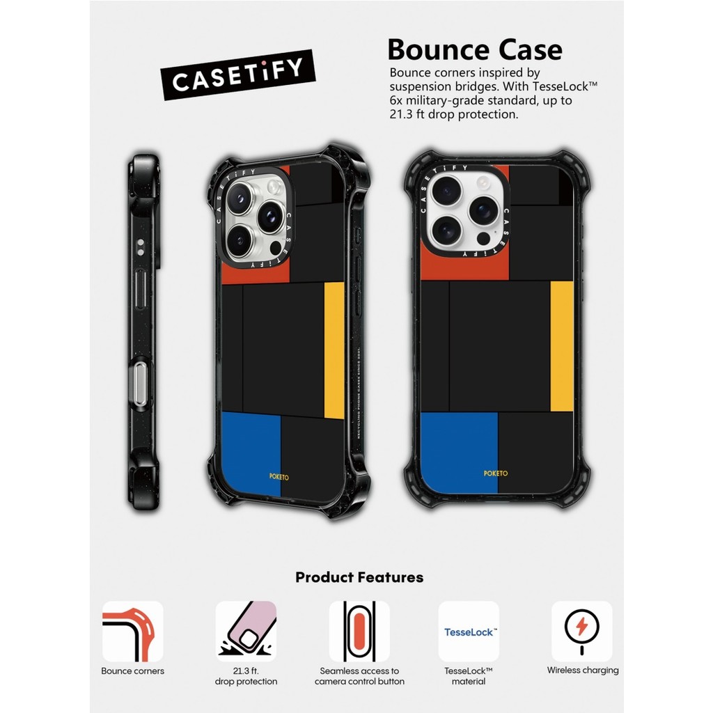 CASECASE X POKETO สีแดงสีฟ้าสีเหลืองแม่เหล็กดูดอะคริลิคแข็งกลับสําหรับ Apple IPhone 14/15/16 Pro Max พร้อมบรรจุภัณฑ์พรีเมี่ยม
