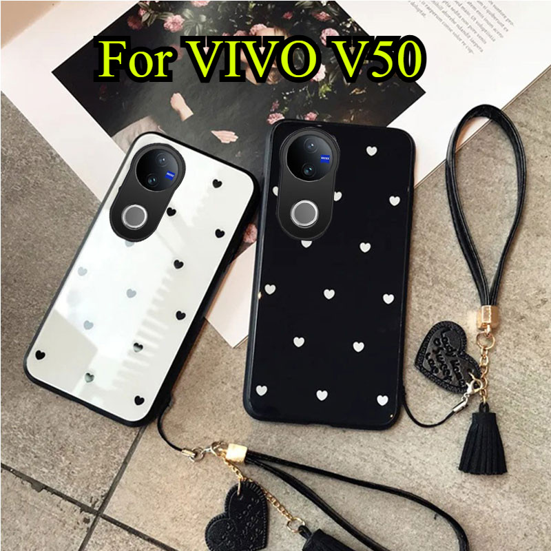 Small Love Heart Hard Glass สําหรับ VIVO V50 5G V 50 V40 Pro V30E Y39 Y29 S Y04 4G กันกระแทกพู่ Lanyard เคสโทรศัพท์
