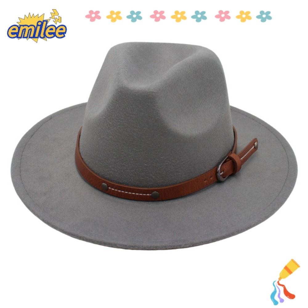Emilee หมวกปานามา,ปีกกว้าง Vintage Felt Fedora หมวก, แฟชั่นพร้อมเข็มขัดหัวเข็มขัด Elegant Soft หมวกคาวบอยผู้ชายผู้หญิง