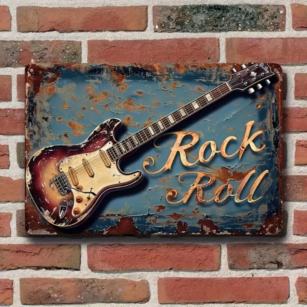Retro Rock Roll กีตาร์ป้ายโลหะภาษาอังกฤษแขวนผนังตกแต่ง,อเนกประสงค์ Vintage Art สําหรับโรงรถ,คาเฟ่,บาร์,คลับ,ห้องนั่งเล่น