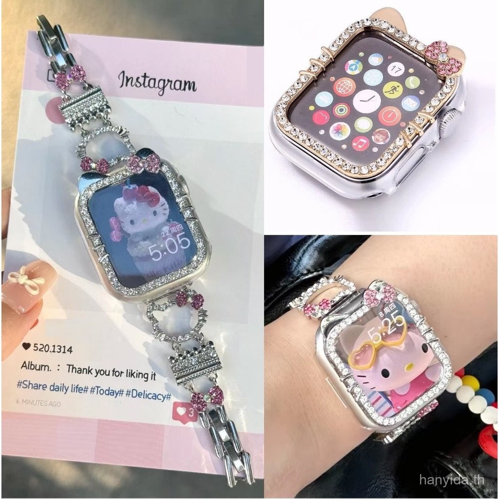 สายนาฬิกาเพชร Kitty น่ารักสำหรับ iWatch Series 9 8 7 6 5 4 3 2 1, se, SE2, Ultra, ultra 2 สายนาฬิกาทันสมัย 38mm 42mm 49mm 41mm 45mm 40mm 44mm สายนาฬิกาแบบห่วง