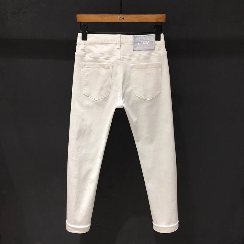 กางเกงยีนส์เดนิมสีขาวมีสไตล์สําหรับเยาวชน - กระเป๋าห้าช่องปิดซิป Mid-Rise & Slim Fit