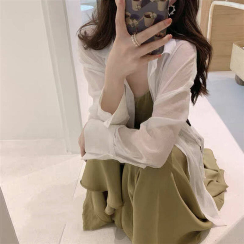 เสื้อเชิ้ต พร้อมส่ง🍑HHB7712 เสื้อเชิ้ตผ้าลินินคอปกแขนยาวผู้หญิง oversize เสื้อกระดุมหน้าสีทึบ แฟชั่น