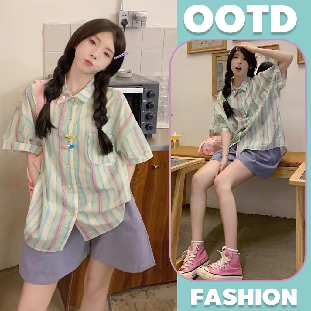 MIMI&DIDI.เสื้อเชิ้ตแขนสั้นน่ารัก แฟชั่น เสื้อโดปามีนฤดูร้อนลายทาง สไตล์เกาหลีดีไซน์ หลวมและใช้งานได้หลาหลาย#W358