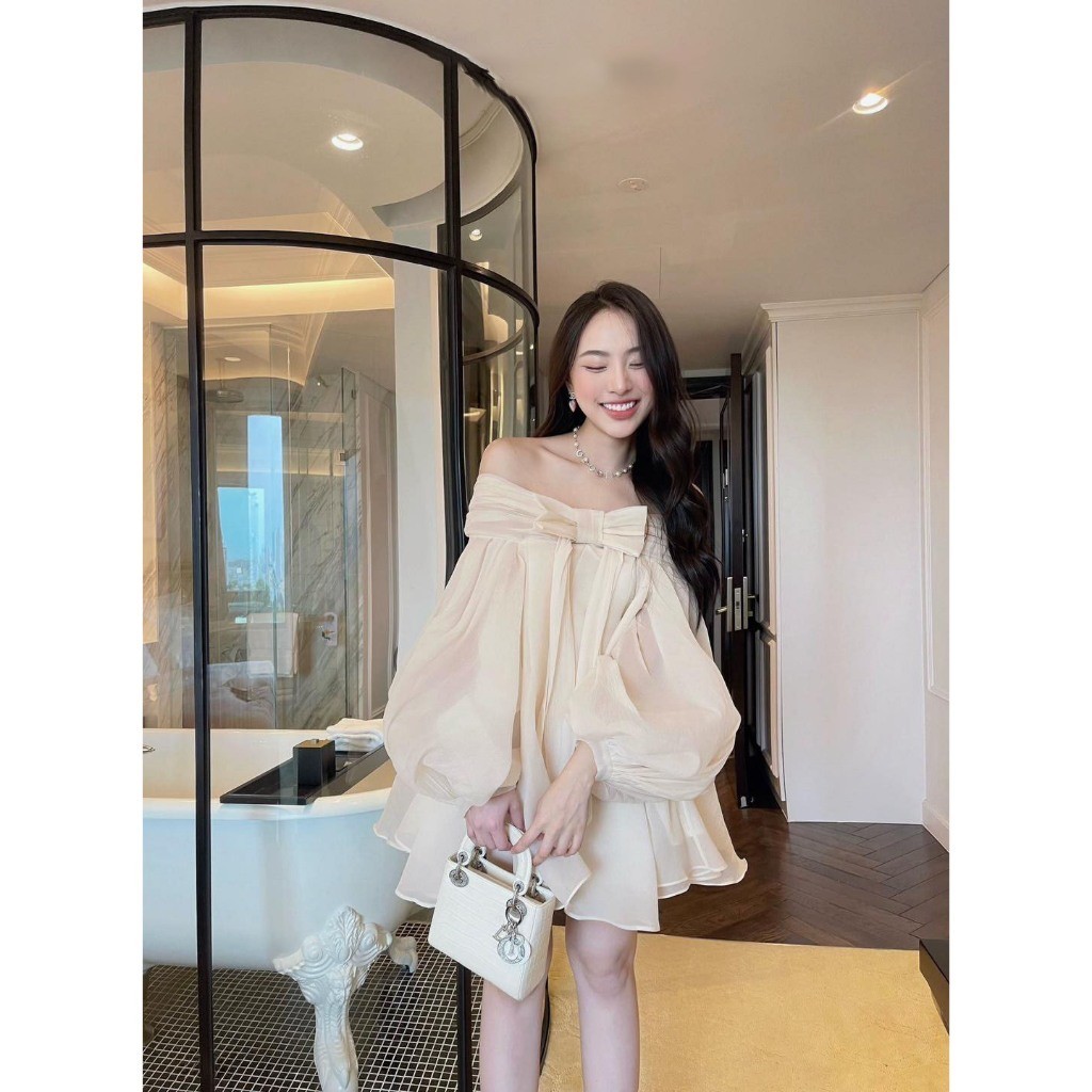 เดรส เบบี้ดอลล์ แขนพอง อกโบว์ ทําจากชีฟองไหม เดรสนัวเนียผู้หญิง ง44- แซม