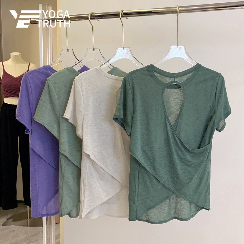 【YOGATRUTH】เสื้อกีฬา แขนสั้น ระบายอากาศ แบบไขว้ สําหรับวิ่ง เข้ายิม
