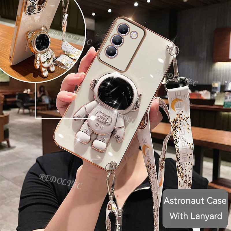 กรณี VIVO Y100 5G 4G 2024 ใหม่แฟชั่นน่ารัก 6D Electroplated เคสโทรศัพท์ VIVOY100 VIVO Y 100 5G พร้อมนักบินอวกาศขาตั้งผู้ถือยาว Crossbody Lanyard สําหรับหญิง