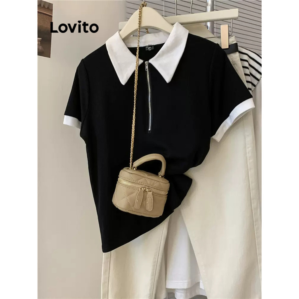 Lovito เสื้อยืดผู้หญิง คัลเลอร์บล็อก มีซิป สีพื้น สไตล์ลำลอง LNE50306