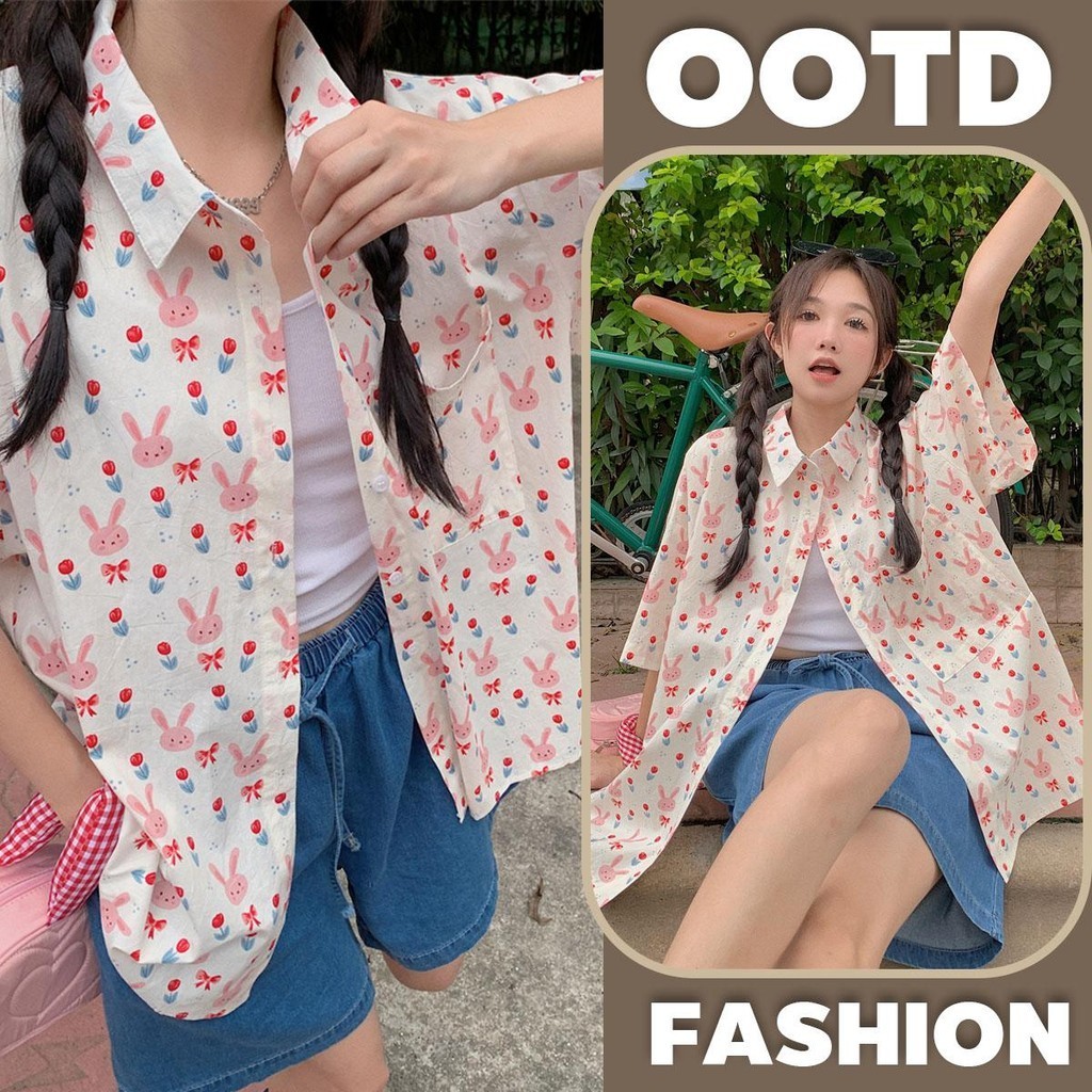 MIMI&DIDI.เสื้อเชิ้ตแขนสั้น เสื้อลายดอกต์ผู้หญิง POLO คอ พิมพ์ลายกัน แดดหลวมความยาวปานกลาง#W352