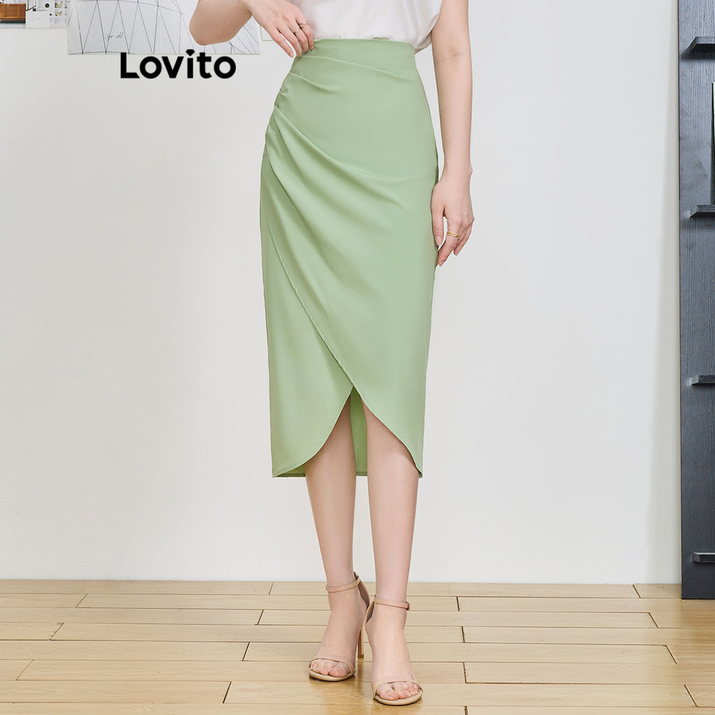 Lovito กระโปรงผู้หญิง แต่งจีบ ทรงอสมมาตร สีพื้น สไตล์หรูหรา L83EN150