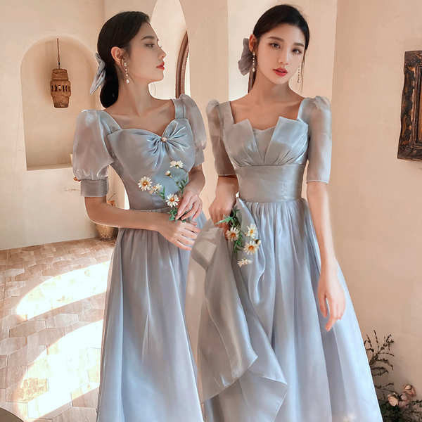 ชุดไปงานแต่งสีฟ้า ชุดไปงานแต่งงานสีชมพู ออกจากชุดเพื่อนเจ้าสาวสีเทาเช่า 2022 ใหม่ Xia Xian อารมณ์บางกลุ่มน้องสาวชุดจัดเลี้ยงชุด