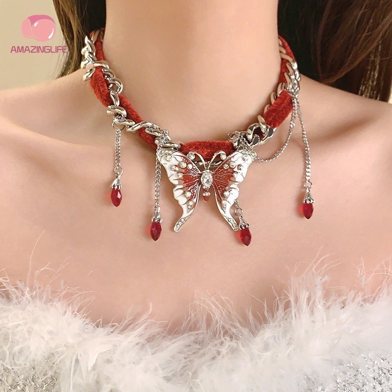 1 PC แฟชั ่ น Vintage สีแดงกํามะหยี ่ ผีเสื ้ อพู ่ สร ้ อยคอผู ้ หญิงหญิงอารมณ ์ การออกแบบ Sense Collarbone Chain เครื ่ องประดับ