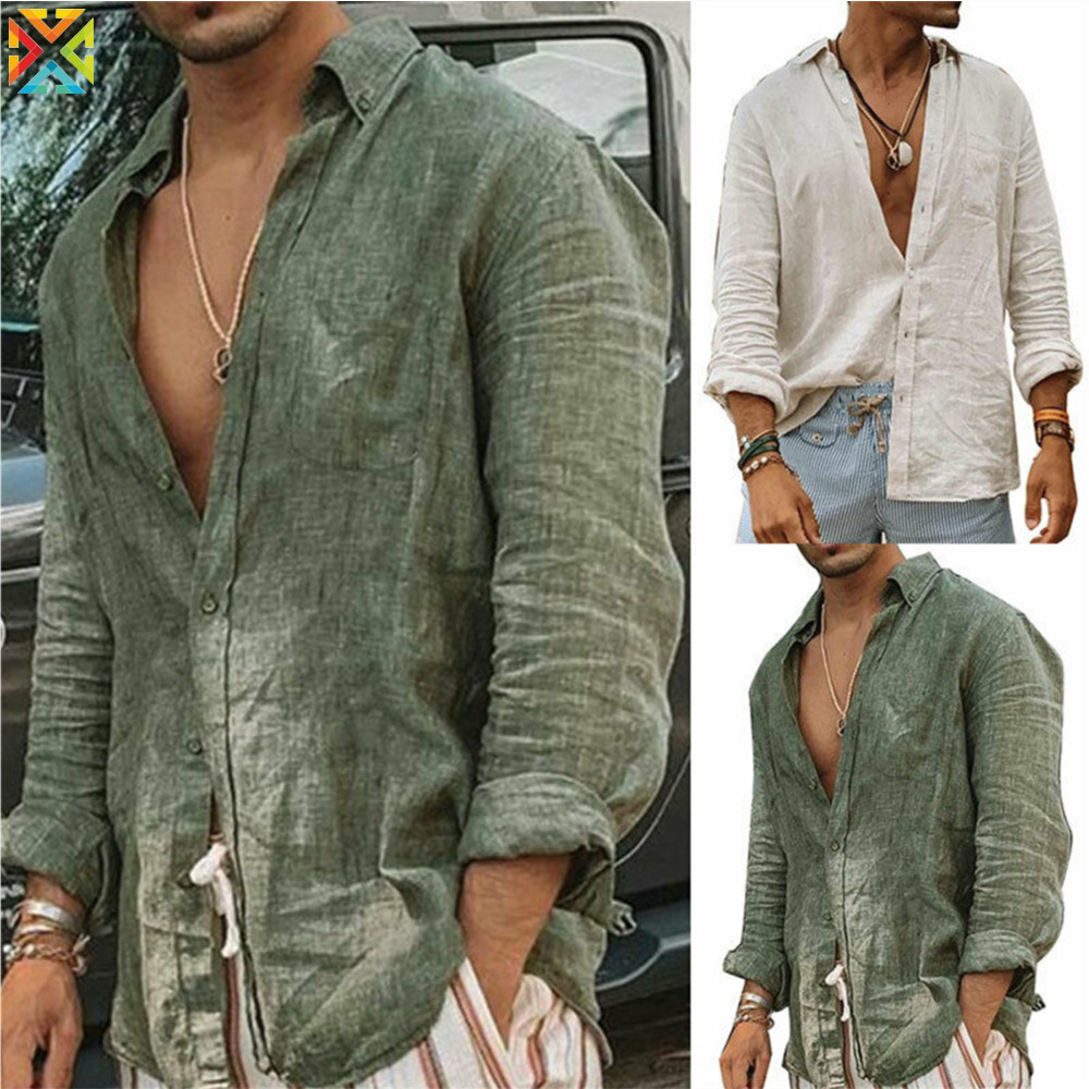 เสื้อเชิ้ตแขนยาวลําลอง ผ้าฝ้าย และผ้าลินิน ทรงหลวม ระบายอากาศได้ดี สําหรับผู้ชาย