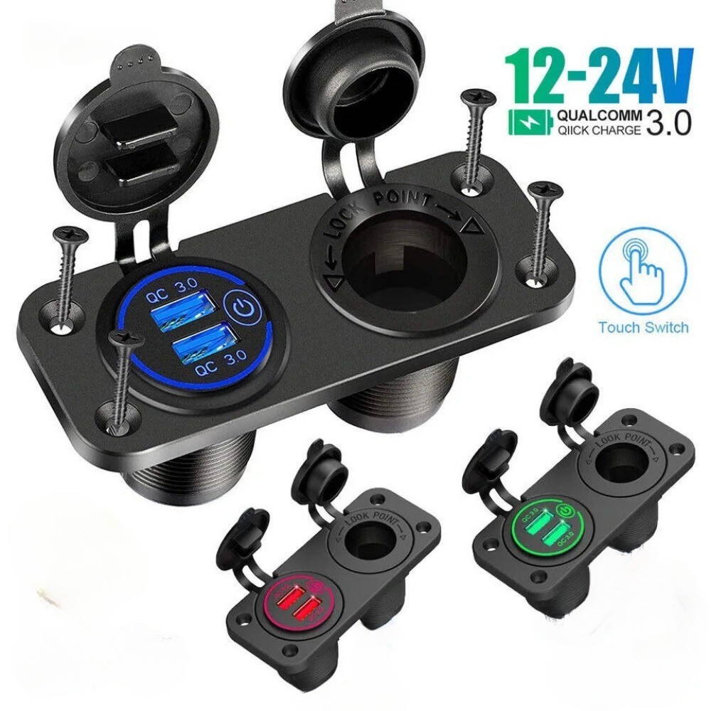 Dual QC 3.0 USB Car Charger Socket with Touch Switch ที่จุดบุหรี่ Outlet Splitter 2 in 1 Waterproof Power Adapter