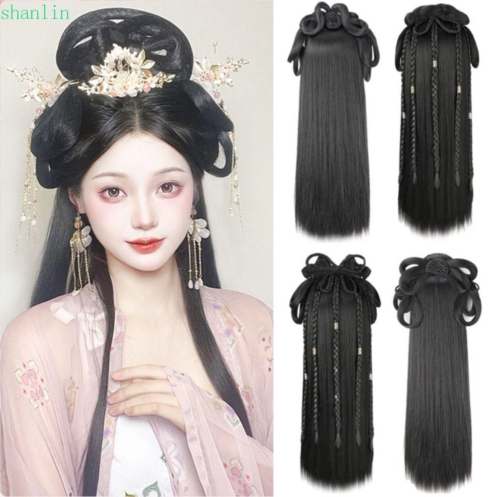 Shanlin ผู ้ หญิง Hanfu วิกผม , สังเคราะห ์ Headdress จีนโบราณวิกผม , เต ้ นรําอุปกรณ ์ เสริมวิกผมโบราณสีดําการถ ่ ายภาพแบบบูรณาการผม Bun