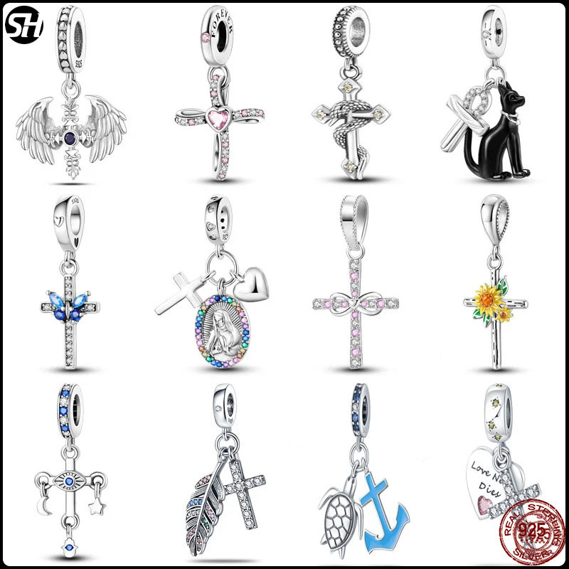 Fit Charms สร ้ อยข ้ อมือ S925 เงินสเตอร ์ ลิง Charm Pray Anka Cross Virgin Cross จี ้ พระคัมภีร ์ Cross DIY เครื ่ องประดับ