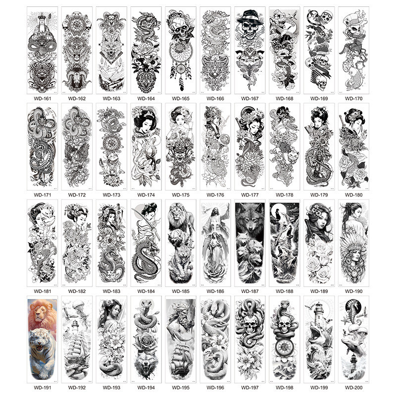 Full Arm Skull Snake Geisha รูปแบบชั ่ วคราว Tattoo สติกเกอร ์ กันน ้ ําดอกไม ้ แขนรอยสักปลอมสีดําขน