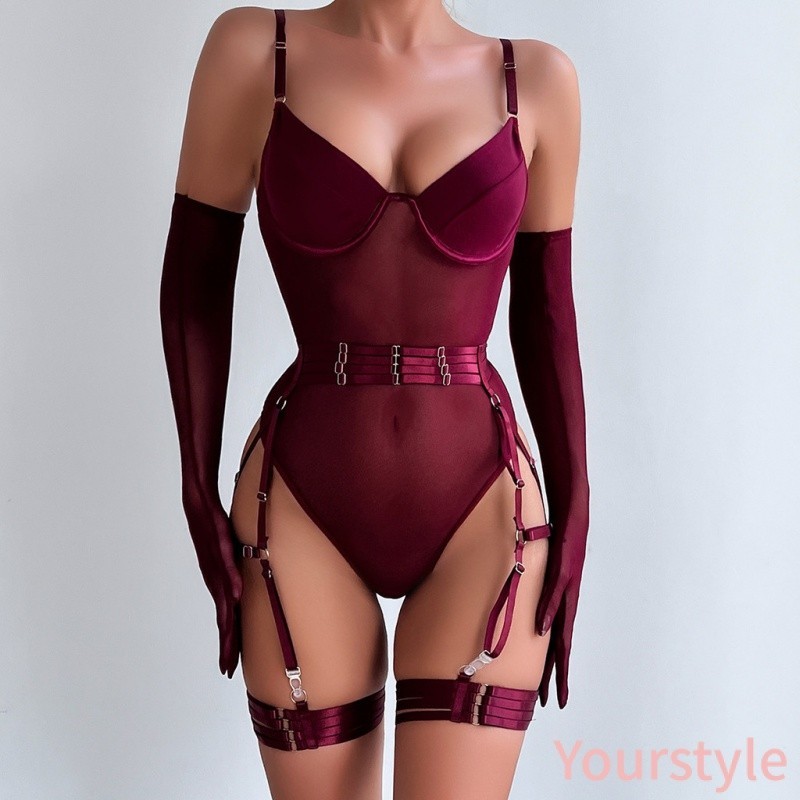 Yourstyle- Yourstyle- ชุดชั ้ นในเซ ็ กซี ่ Strap Slim Fit Patchwork ชุดสามชิ ้ นพร ้ อมถุงมือ