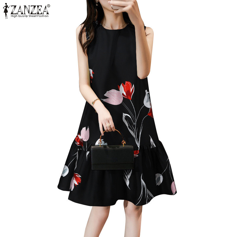 Zanzea ผู ้ หญิงเกาหลี O-คอแขนกุด Fishtail Ruffle Hem ดอกไม ้ พิมพ ์ ชุด