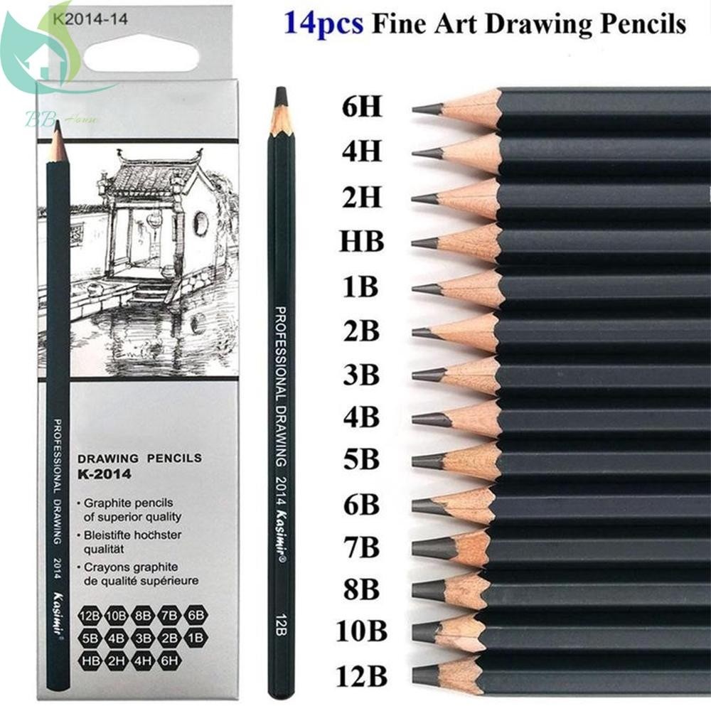 Drawing Sketch ชุดดินสอ 14pcs Sketching ดินสอ 12B 10B 8B 7B 6B 5B 4B 3B 2B B HB 2H 4H 6H กราฟ SHOPQJ