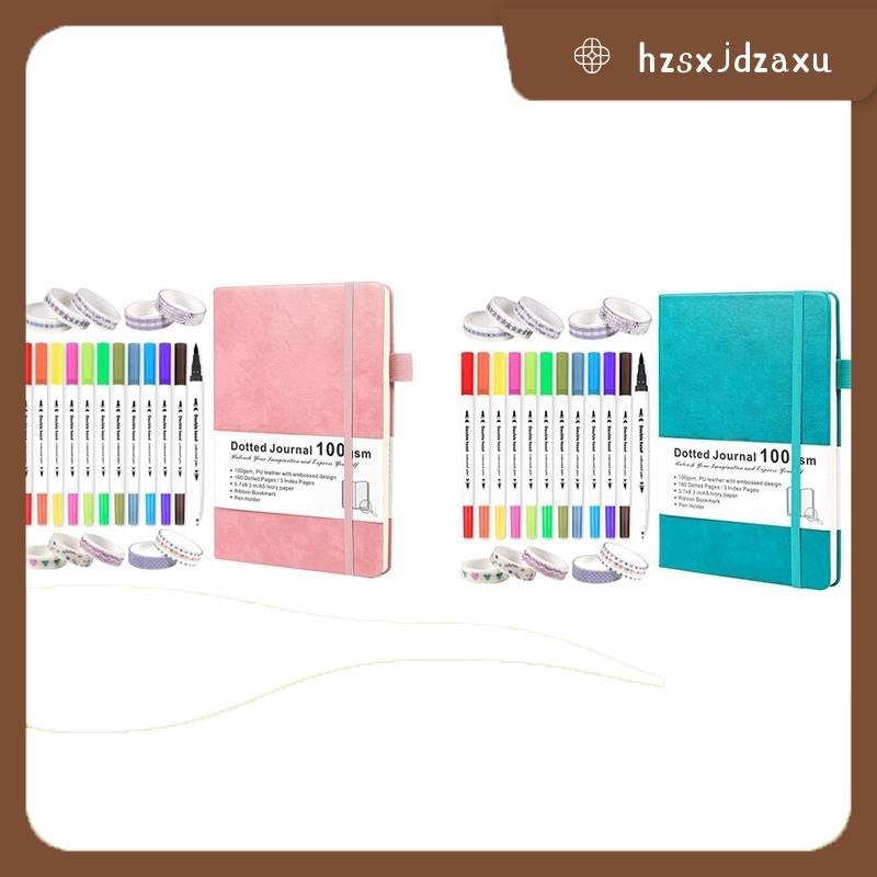 【hzsxjdzaxu 】 Dotted Journal Kit-Dual Tip Brush Markers, Washi Tape, และลายฉลุสําหรับผู ้ หญิงผู ้ ชายและวัยรุ ่ น