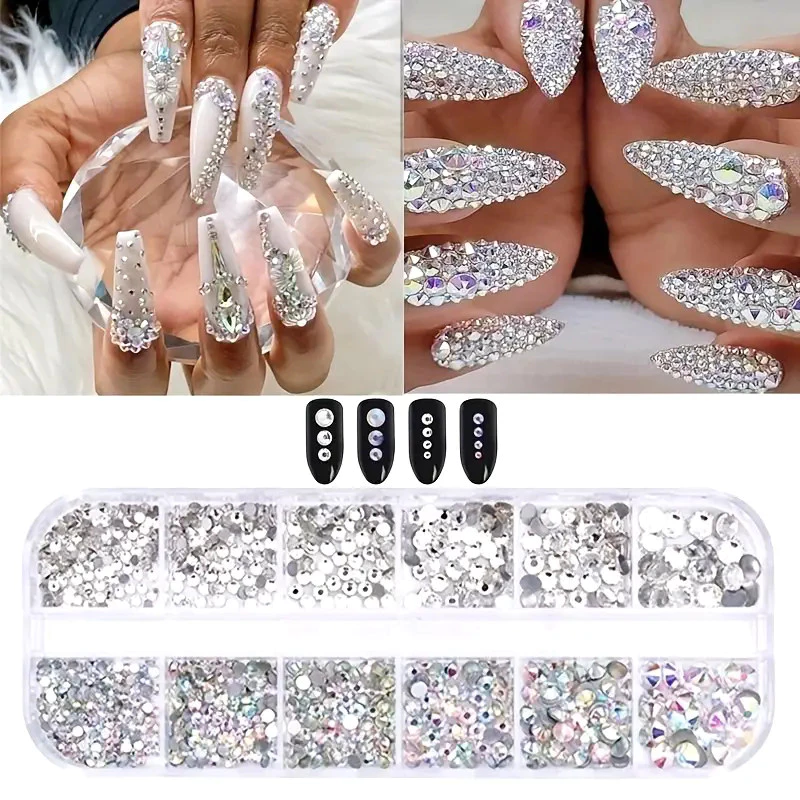 กล่อง 3D แบนกลับเล็บ Rhinestones เล็บอัญมณีแก้ว AB & Clear คริสตัล Rhinestones ชุดเล็บ Charms DIY เครื่องมือ