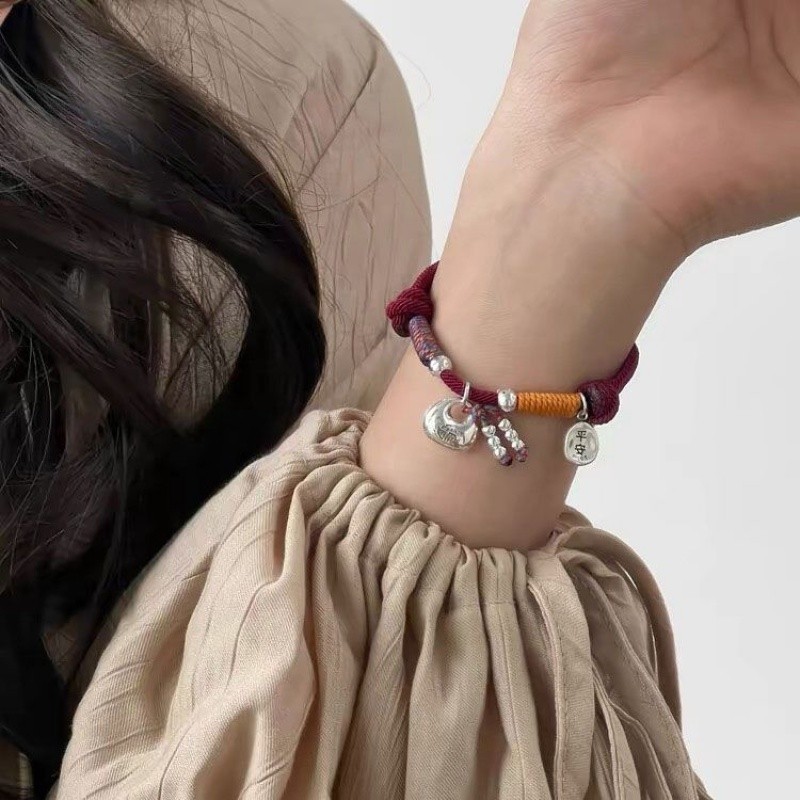 เงินทําปลอดภัยอ้วนน้อยถุงโชคดีสตริงสีแดงสร้อยข้อมือเงินแท้ถักสตริงมือคู่ชายหญิงของขวัญคู่โอนสร้อยข้อมือคู่มือผูกสายสีแดง