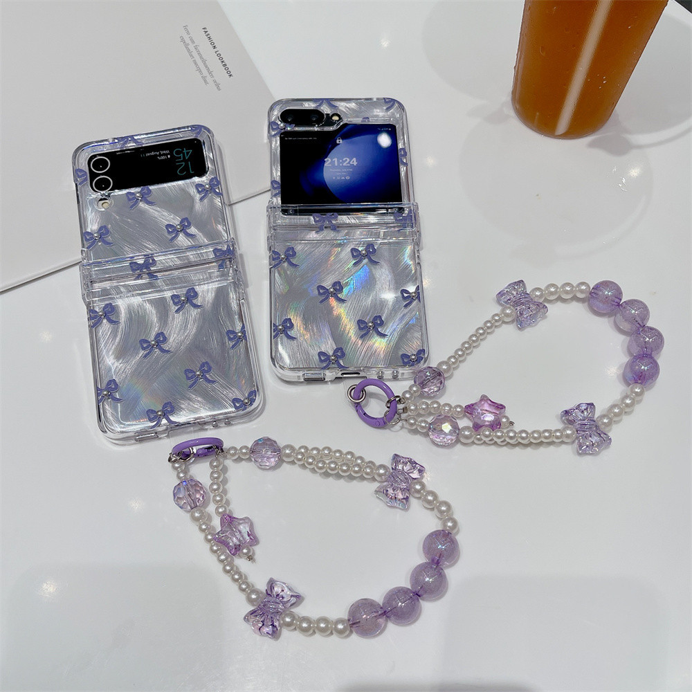 เคสสําหรับ Samsung Galaxy Z Flip 5 / Z Flip 4 / Galaxy Z Flip 3 Ins เกาหลีน่ารักโบว์เลเซอร์เชลล์,เคสกันกระแทกพร้อมสร้อยข้อมือพร้อมส่ง