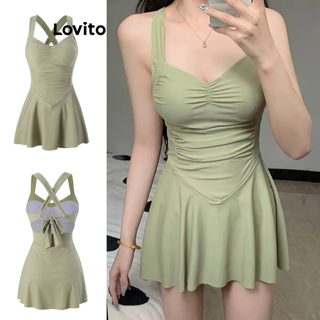 Lovito ชุดว่ายน้ำวันพีชผู้หญิง แต่งจีบ มีโครง สีพื้น สไตล์ลำลอง LNE50415