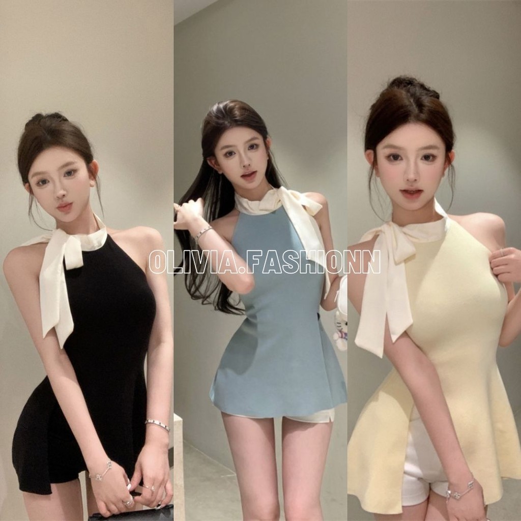 🦄Olivia🦄ไหมพรม ผ่าข้าง แขนกุด แต่งริ๊บบิ๊นผูกคอ#B38