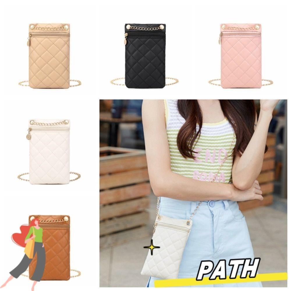 Path Chain Phone Bag, Mini PU Leather Rhombic Lattice Bag, Travel Outdoor Crossbody Bag