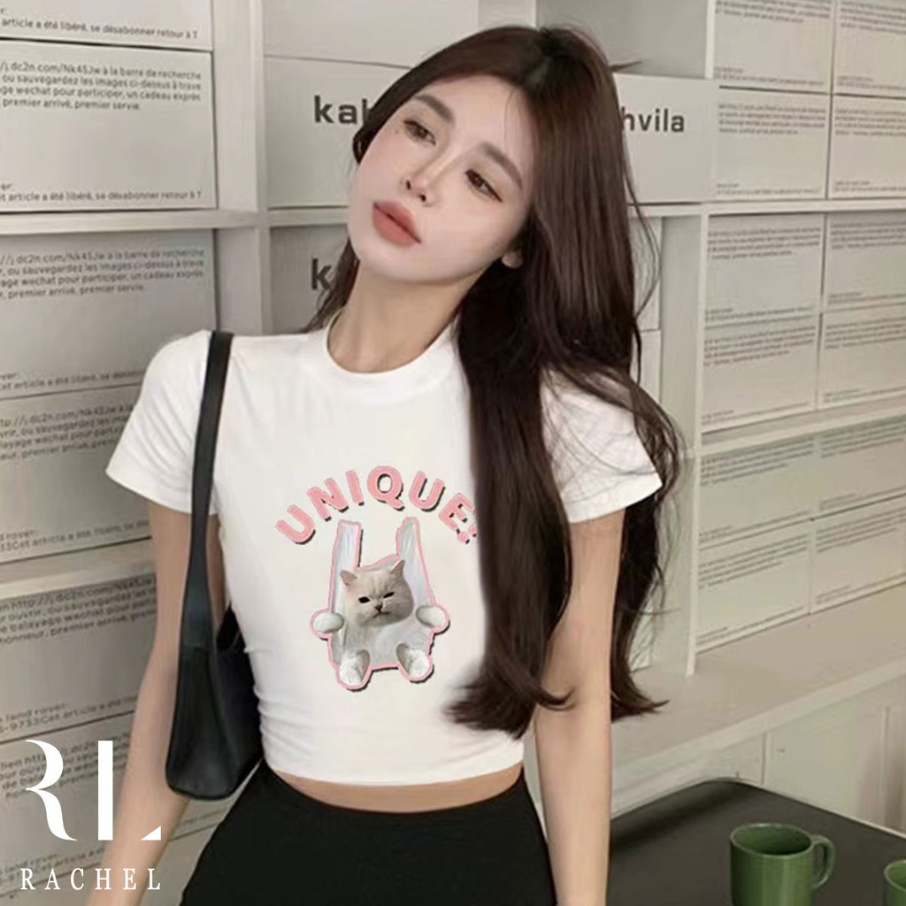 เสื้อครอปสั้นพิมพ์ลายสุดน่ารักสกรีนลายน้องแมว ผ้านิ่มใส่สบายมาก พร้อมส่ง