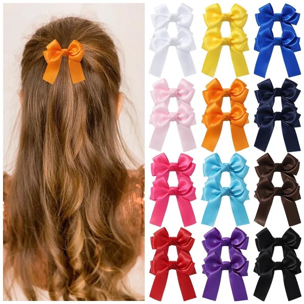 2pcs สีทึบ Bowknot คลิปผมสําหรับเด ็ กริบบิ ้ น Bows Hairpins สาว Boutique อุปกรณ ์ เสริมผมขายส ่ ง