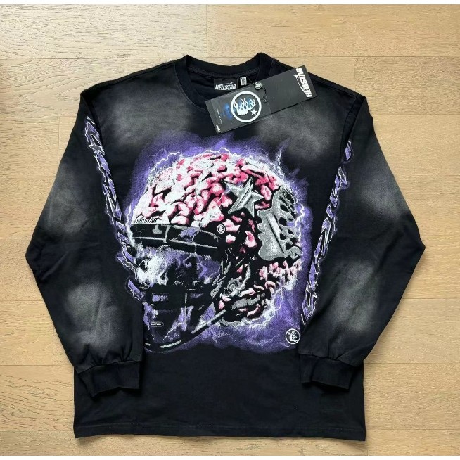 HELLSTAR Heavyweight Washed Old เสื้อยืดแขนยาวสําหรับผู้ชายและผู้หญิง High Street ทรงหลวม
