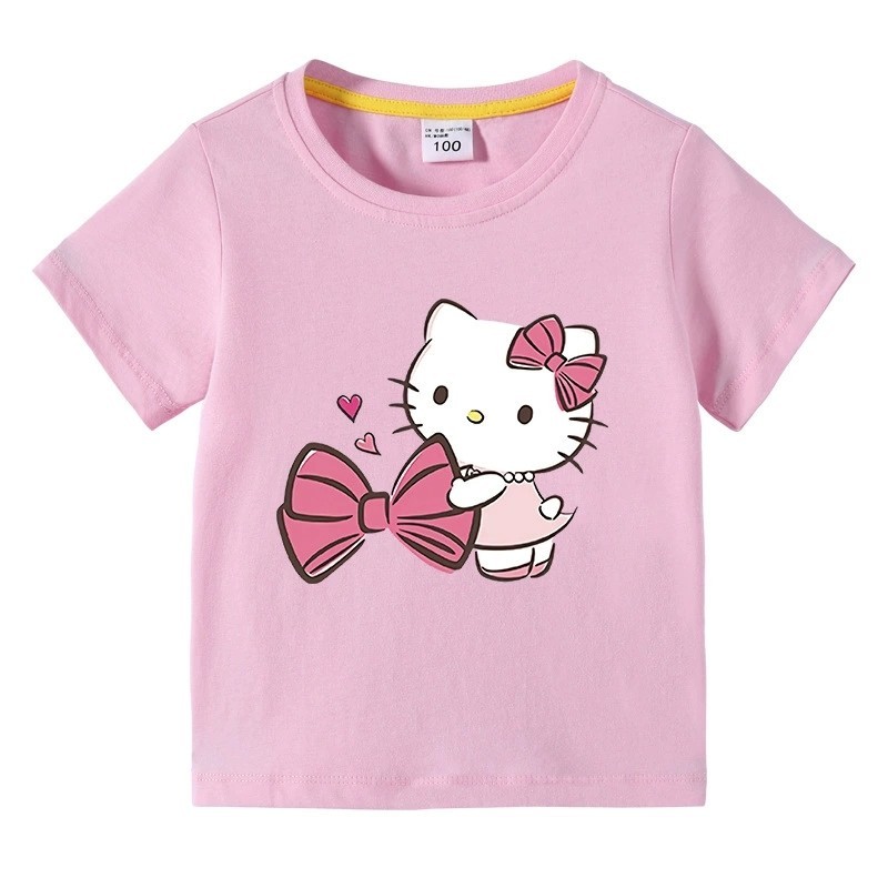 Hello Kitty Girls เสื้อยืดแขนสั้นผ้าฝ้ายแท้ 2024 Kitty Kids Half Sleeved เสื้อยืดเด็กแฟชั่นด้านบน