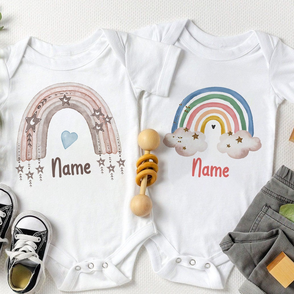 ชุดรอมเปอร์ แขนสั้น สีรุ้ง + ชื่อแฟชั่น สําหรับเด็ก