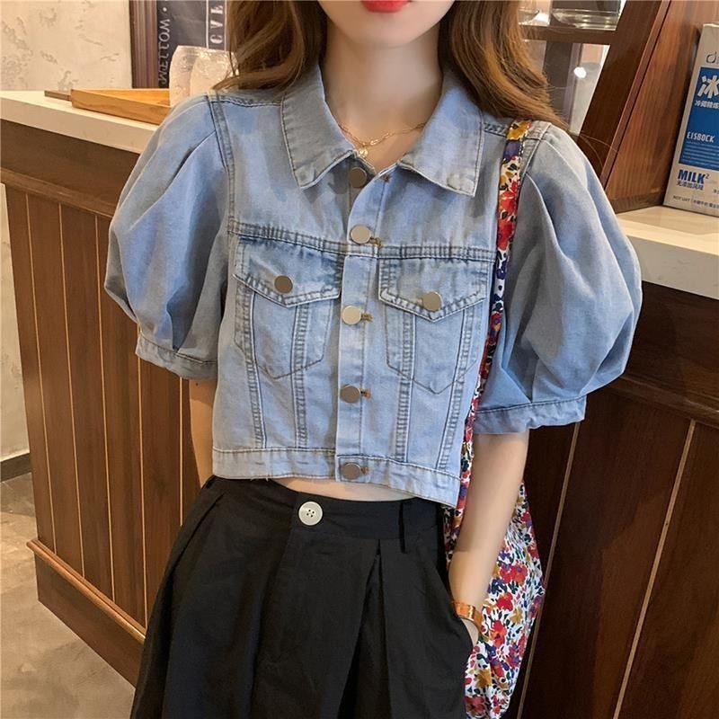 Veewinkส่งจากกรุงเทพฯ เสื้อยีน เสื้อโค้ทแขนสั้นผ้าไม่หนาในฤดูร้อน แขนพอง ทรงหลวม เสื้อแจ็คเก็ตยีนส์สั้นผู้หญิงสไตล์เกาหล