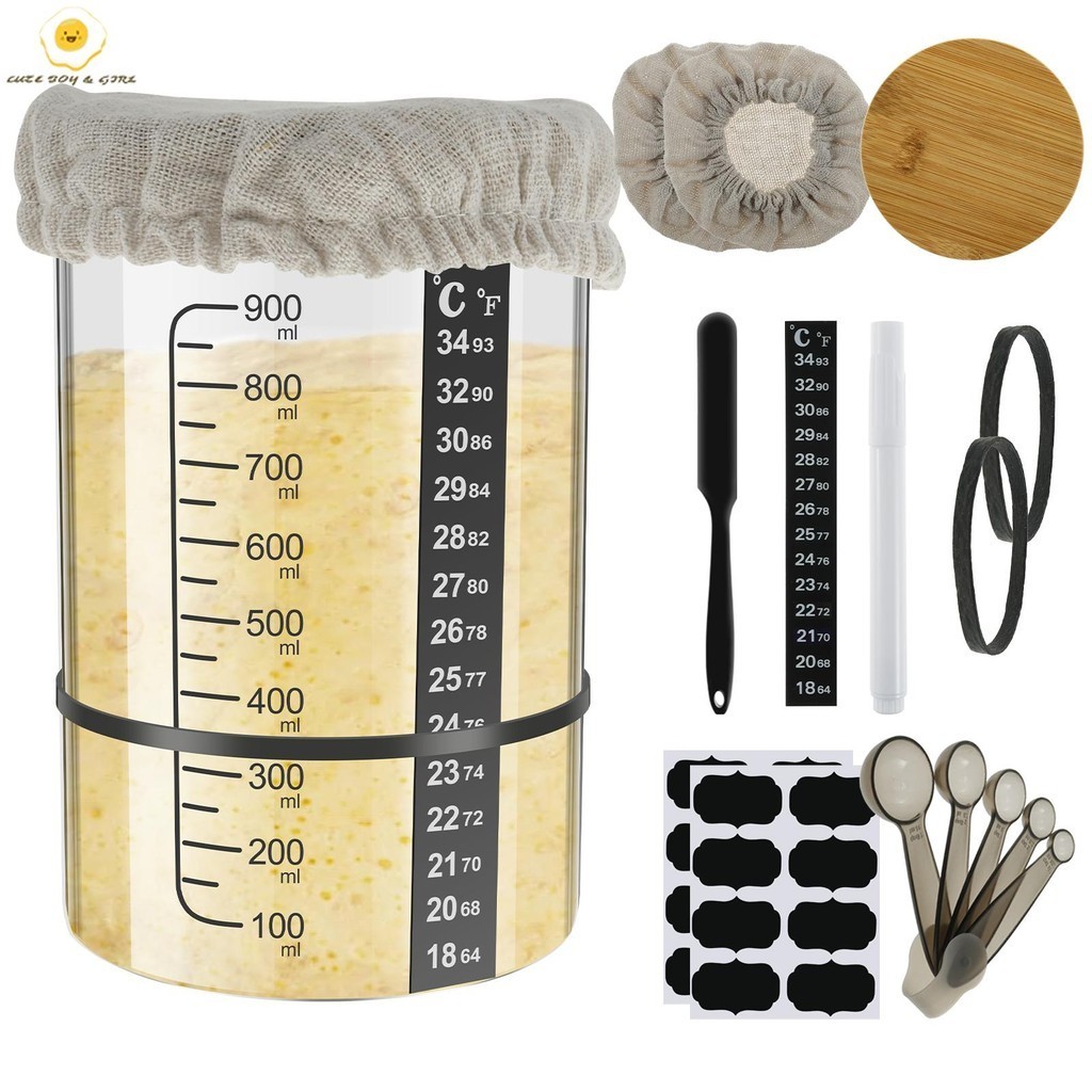 Sourdough Starter Jar Kit 900ml ชุดโถหมักซาวร์โดว์ภาชนะสำหรับเริ่มต้นซาวร์โดว์ ขวดแก้วสำหรับเริ่มเปรี้ยวโถแก้วใสอุปกรณ์ทำขนมปากกว้างพร้อมฝา