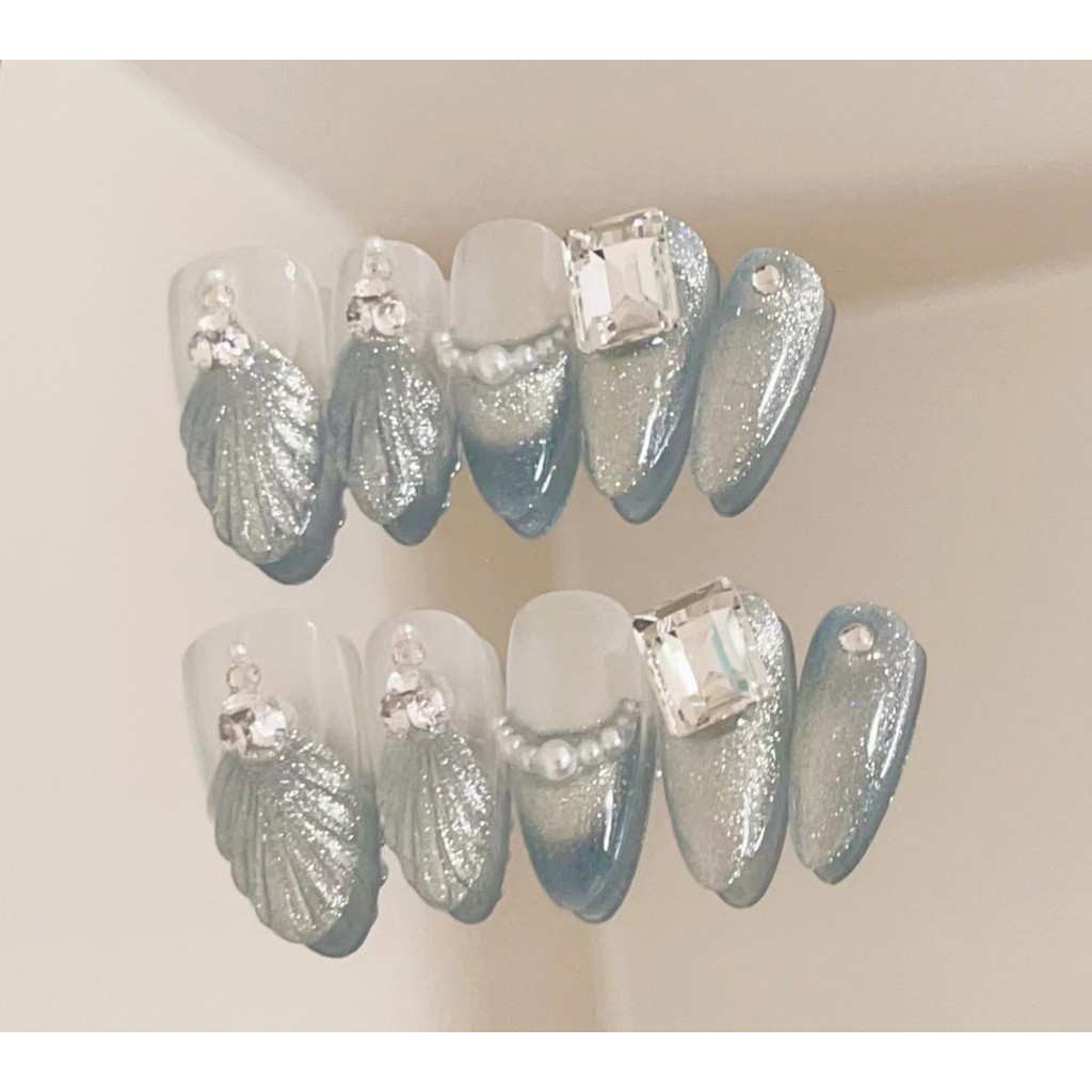 HANDMADEArtificial Nail Mother-of-pearl Crystal Cat Eye Almond Phototherapy Nails เล็บปลอมเล็บนํากลั