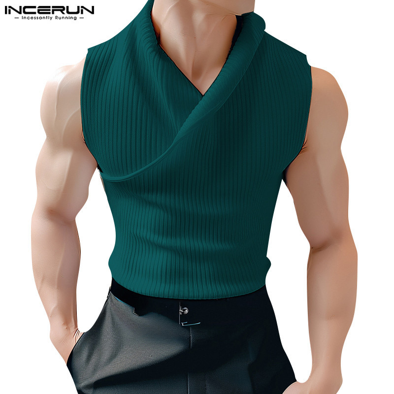 Incerun ผู ้ ชายเกาหลี Casual Pile Collar สีทึบแขนกุดแฟชั ่ นถัง