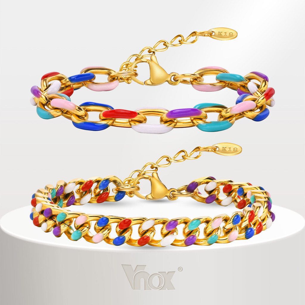 Vnox สีสันหยดกาว Handmade Cuban Chain สร ้ อยข ้ อมือสําหรับ Women,18K ทองฤดูร ้ อนสแตนเลส Hypoallergenic Chain Link แฟช
