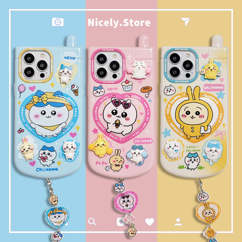 การ์ตูน 3D Chikawa ที่มองไม่เห็น Love Heart กระจกแต่งหน้าขาตั้งพร้อมโซ่เคสโทรศัพท์สําหรับ iPhone 15 14 13 12 Pro Max 11 15Promax กันกระแทก TPU ฝาหลังปลอก
