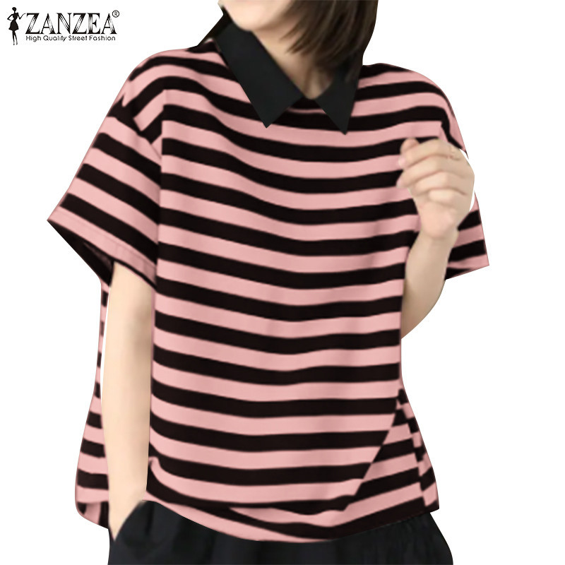 Zanzea เสื ้ อเบลาส ์ ลายทางแขนสั ้ นผู ้ หญิงเกาหลี
