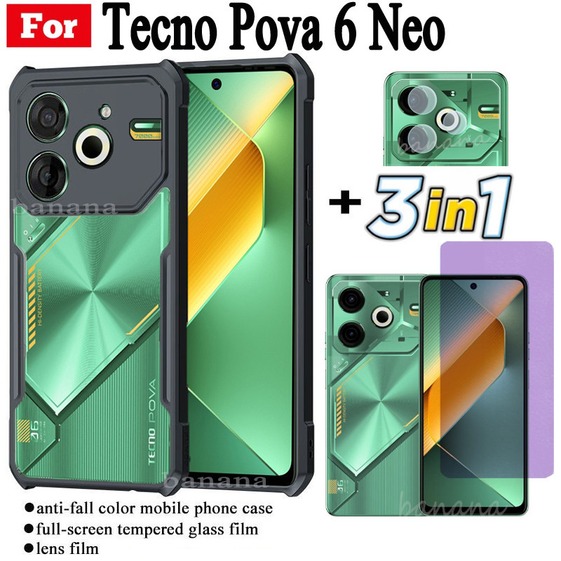 3 in 1 Tecno Pova 6 Neo เคสโทรศัพท์กันกระแทกสําหรับ Tecno Pova 6 5G Pova 6 Pro Pova 5 Pro Camon 30 Pro Anti-blue Ray กระจกนิรภัยและฟิล์มเลนส์