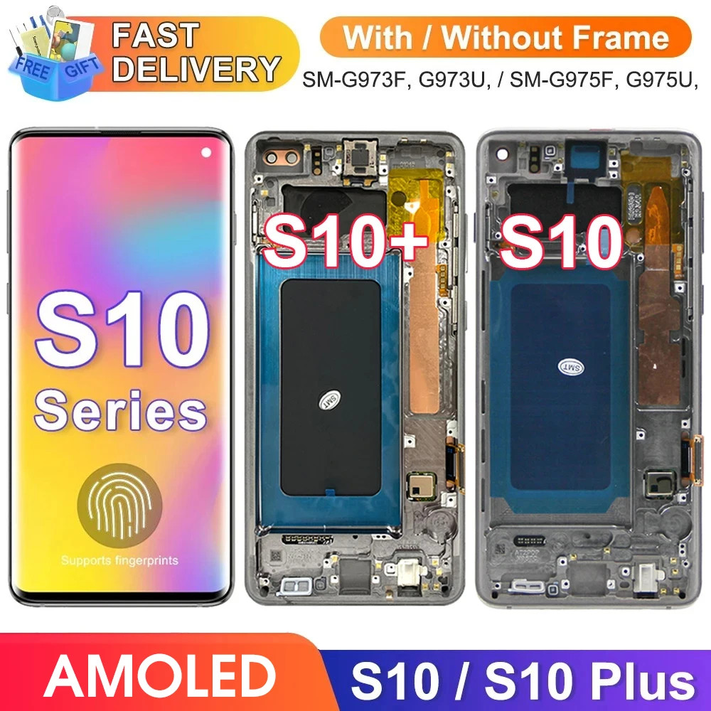 S10 Plus หน้าจอลายนิ้วมือ,สําหรับ Samsung Galaxy S10+ G975F จอแสดงผล Lcd หน้าจอสัมผัสดิจิตอล wtih กรอบสําหรับ Samsung S10